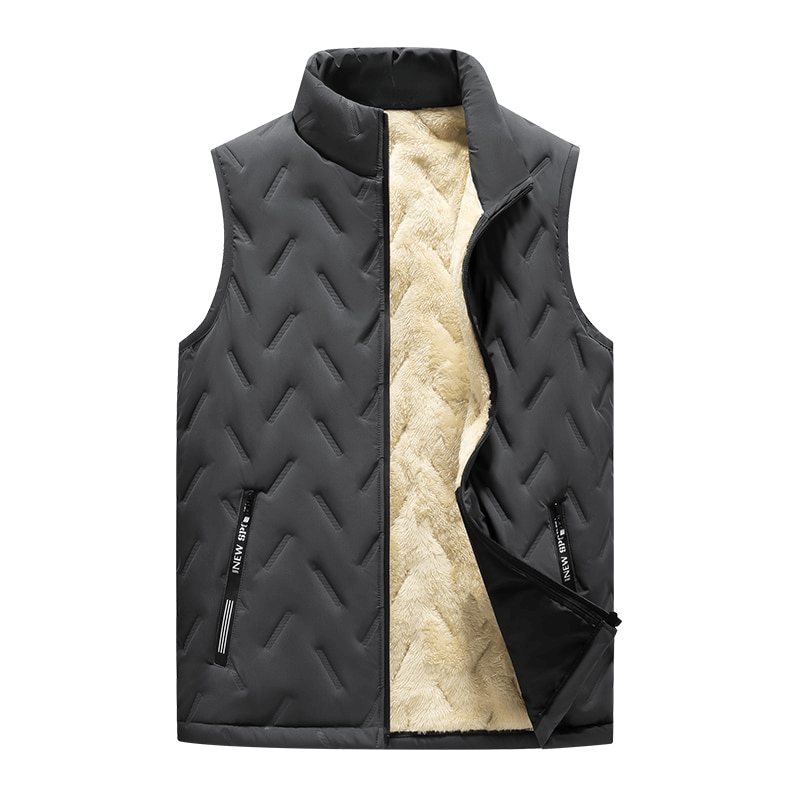 Warm Casual Male Lambswool Vest with Stand Collar, black outer, cashmere lining, SF1500, zipper closure, perfect for cold days.